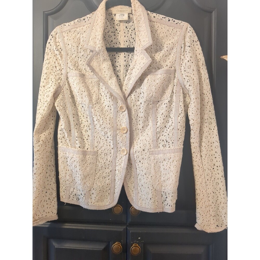 Vintage Y2K Vertigo Paris Cream Floral Lace & Grosgrain Trim Blazer Jacket M